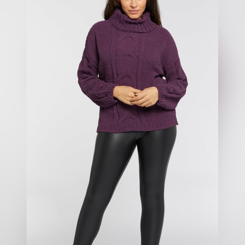 Seven 7 For all Man Kind Purple Cable Knit Size L Sweater Soft Chunky Stretch